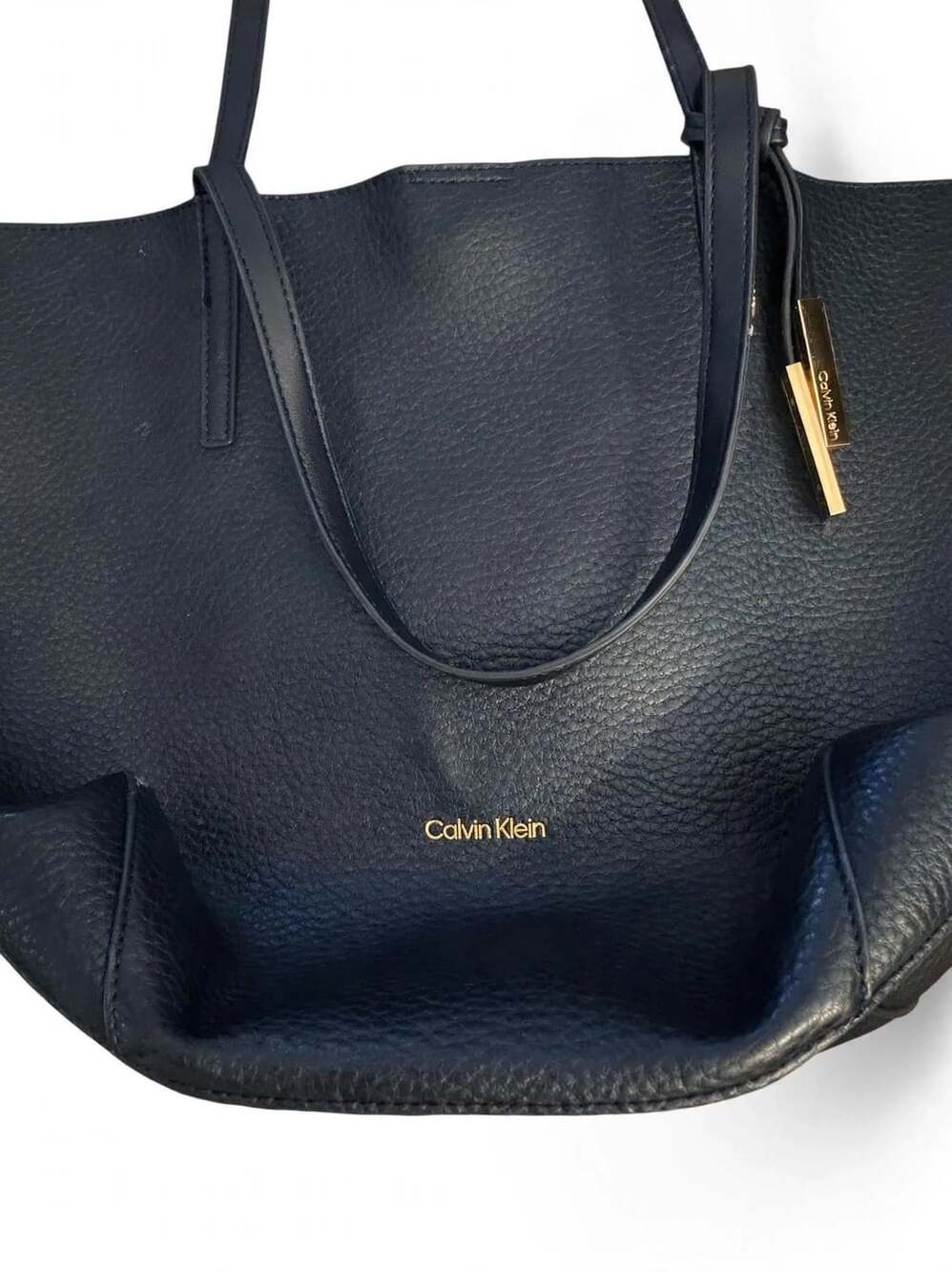 Calvin Klein Black Pebbled Leather Tote Bag with Gold-Tone Hardware